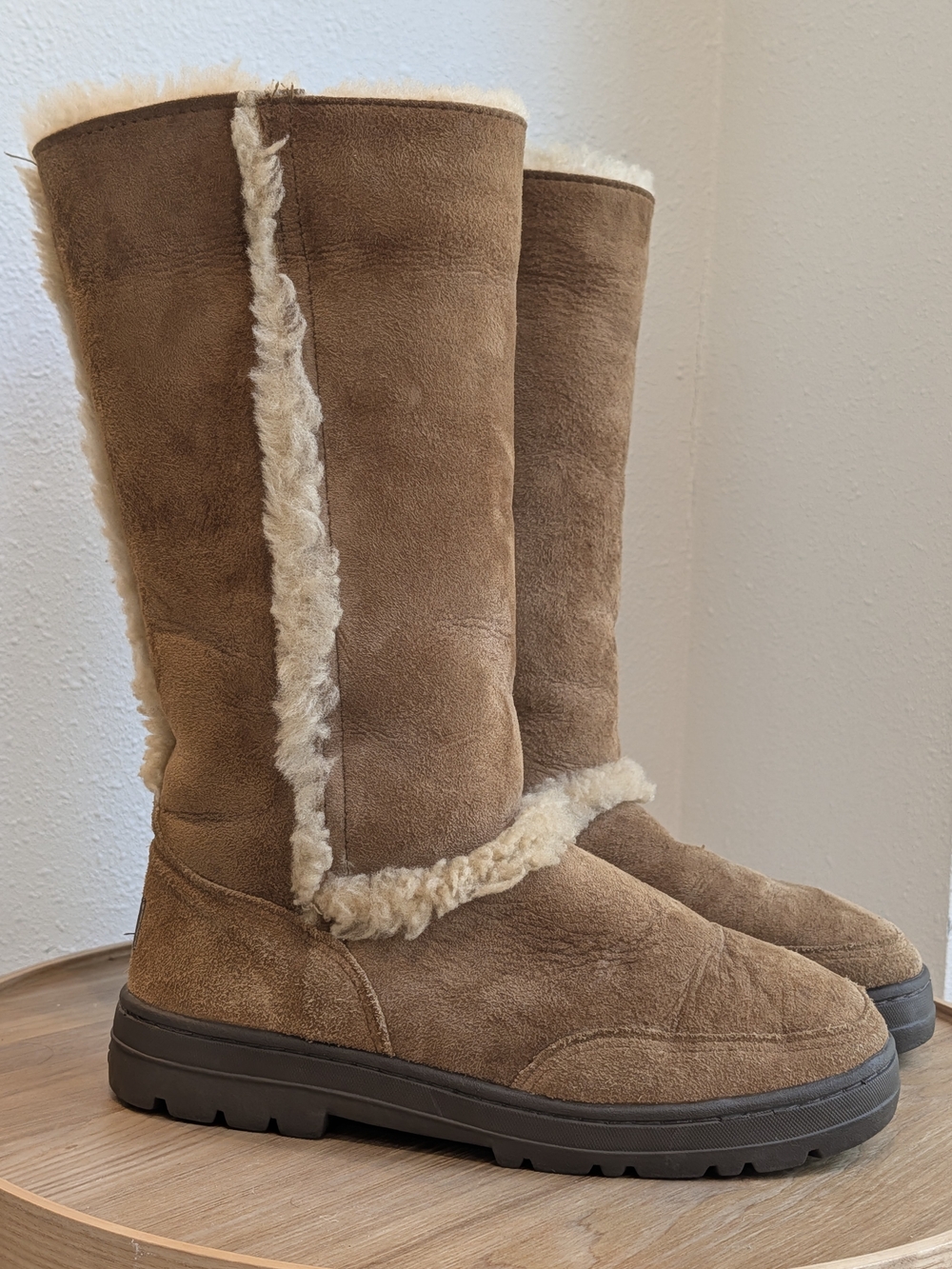 UGG Tall Tan Suede Shearling-Trim Winter Boots